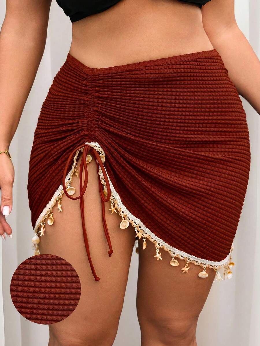 Swim Vcay Falda de tela con textura especial, unicolor, con cordón, fruncida, con borlas, conchas y estrellas de mar, para mujer de talla grande, para vacaciones de verano en la playa - Burdeos - Ver 1