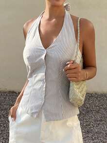 DAZY Top sin espalda casual con cuello de halter a rayas y sin mangas, chaleco de verano de vacaciones para mujer - Azul - Ver 8