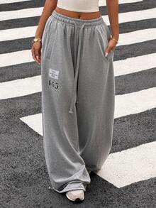 DAZY Printed Loose Wide Leg Pants, Elastic Waist Casual Sports Street Style Summer Trousers For Women - Grey - View 6
