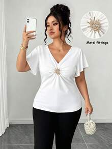 Elenzga Plus Size White Summer Elegant Formal Women's Blouses,European Style V-Neck Button Decorated Pleated Short Ruffle Sleeve Slim Fit Peplum Party Tops - White - View 1