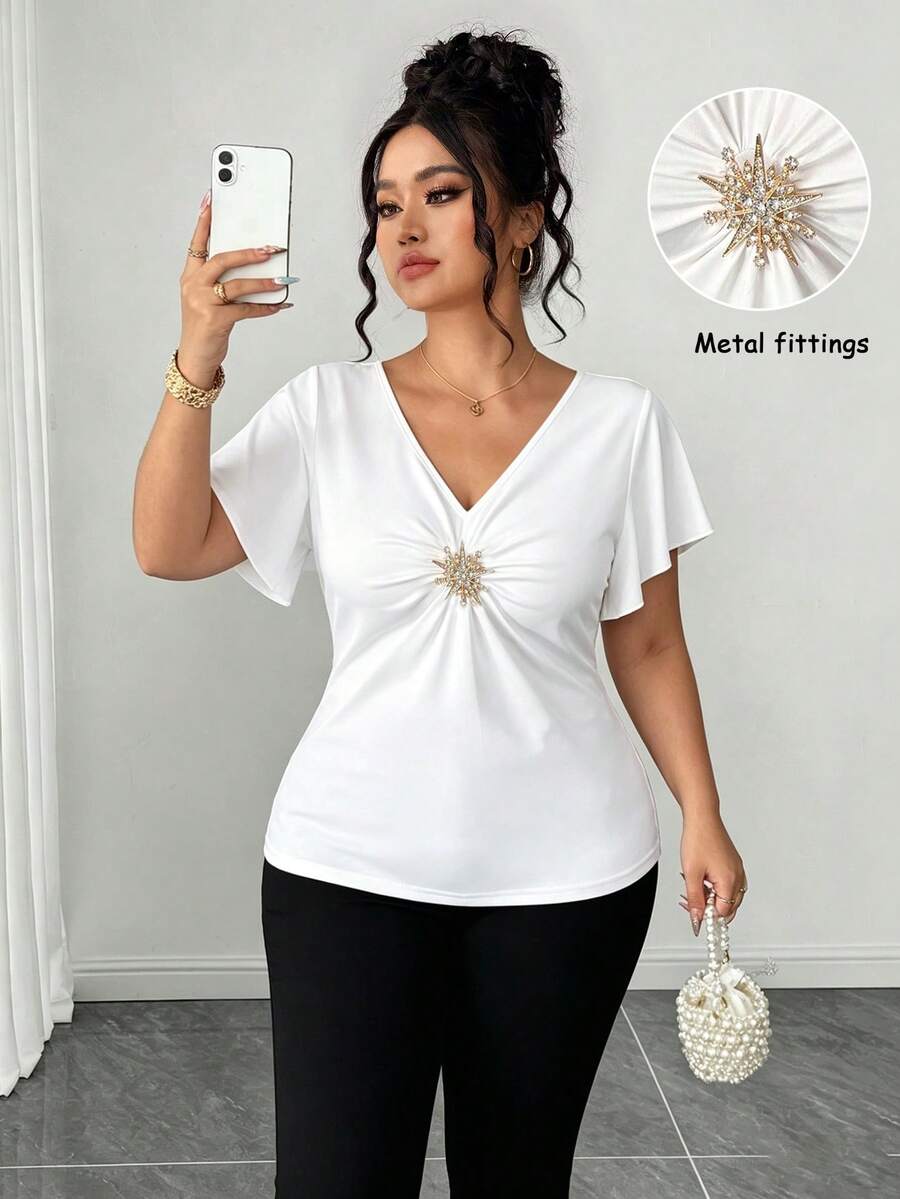 Elenzga Plus Size White Summer Elegant Formal Women's Blouses,European Style V-Neck Button Decorated Pleated Short Ruffle Sleeve Slim Fit Peplum Party Tops - White - View 1