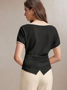 BizChic Áo kiểu dáng mới mùa Xuân/Hè 2026 màu đen phối tương phản, dây buộc, vạt áo bất đối xứng, xếp ly ở eo, trang phục công sở, đi làm, trang phục trang trọng, lễ hội tháng Sáu, lễ tốt nghiệp, thanh lịch, giản dị kiểu thập niên 90, phong cách retro, dự tiệc cưới, tiệc cưới, phù dâu, chủ nhà, đi chơi, hẹn hò, tiệc sinh nhật, kỳ nghỉ, bãi biển, lễ hội nhạc đồng quê, trang phục đơn giản, tiệc trưa, tiệc trà, họp mặt, trang phục sân bay. - màu đen - Xem 2