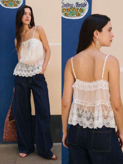 Nöista White Lace Camisole Top Features Multi-Layered Ruffles And A Sheer Embroidered Hem, Exuding A Fresh, Girlish, Pastoral, And French Romantic Charm. Comfortable And Flowy For Summer Wear, It's Suitable For Everyday Wear, Vacations, Photoshoots, And More, Making It A Stylish And Practical Summer Look.