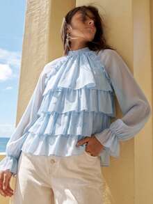 Anewsta Blusa elegante de mujer de estilo francés con múltiples capas de volantes, de manga larga y transparente, ideal para vacaciones, fiestas, uso diario y vacaciones - Azul - Ver 8