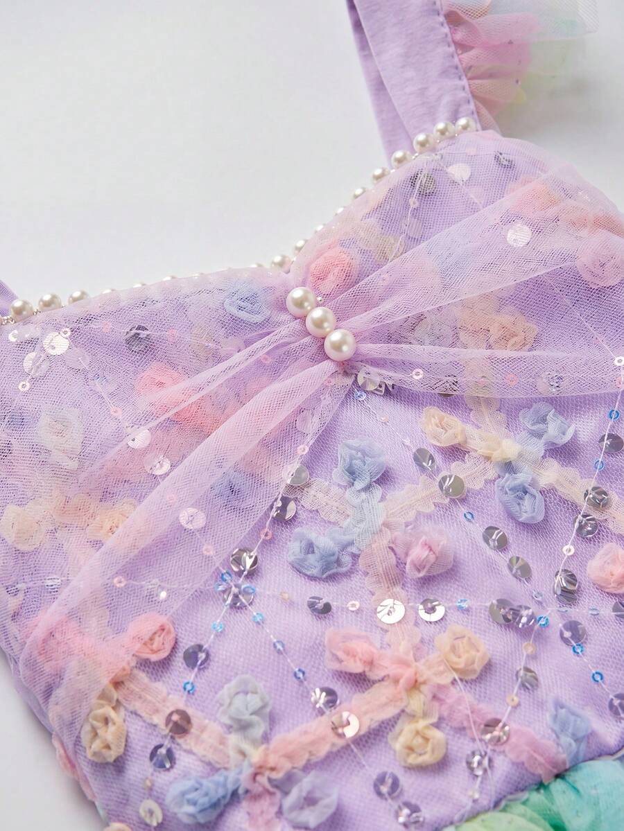 SHEIN Glamorique Kids 小女孩公主裙,吊带荷叶袖,紫色,亮片,奢华派对礼服,珍珠缎带,手工缝制白色珍珠,彩色薄纱裙,生日派对,婚礼,节日 - 紫色 - 查看 1