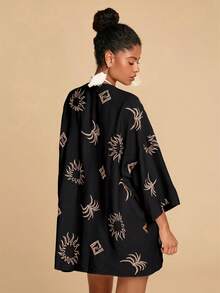 Travachic Women's Leaf Embroidery Pattern Casual Vacation Kimono - Black - View 2