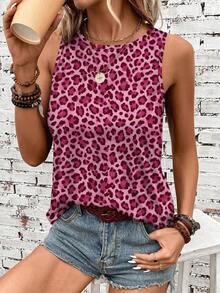 SHEIN LUNE Women's Leopard Print Round Neck Casual Tank Top - Multicolor - View 5