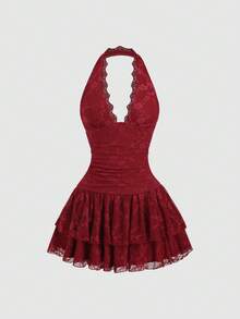 Sweetra Đầm chiffon xếp ly thanh lịch, gợi cảm kiểu Y2K, cổ yếm ren, thích hợp để đi làm. - Màu Đỏ Sâu - Xem 1