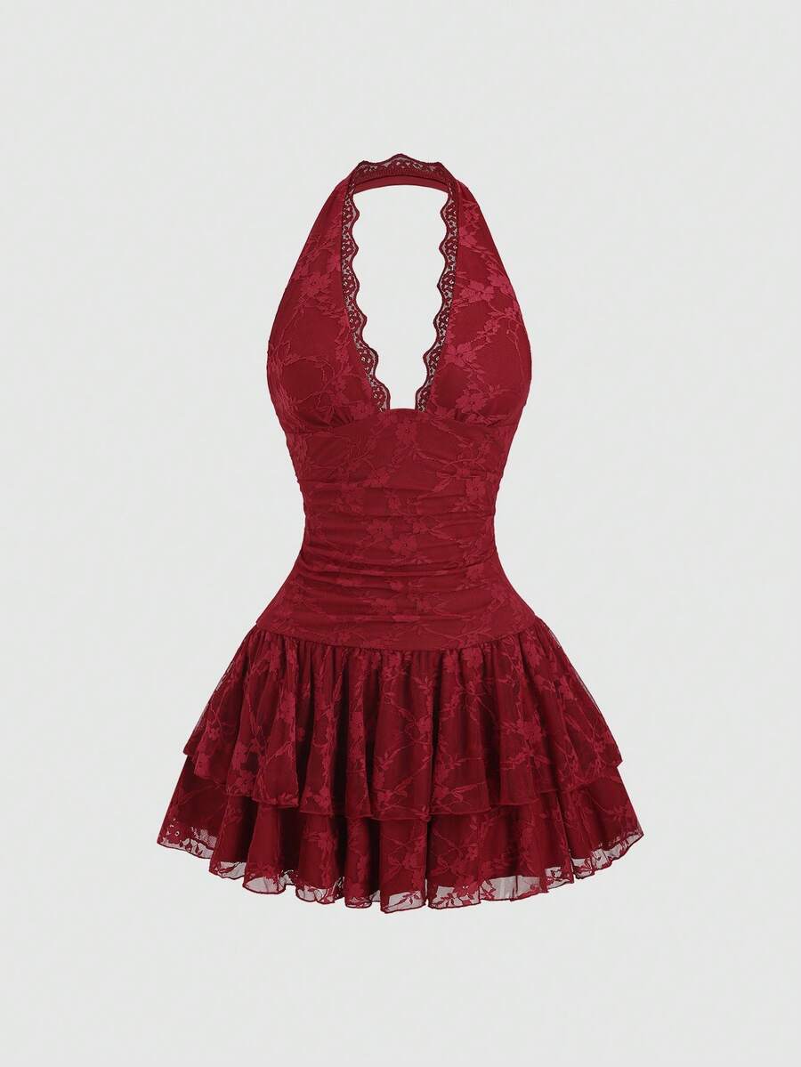 Sweetra Đầm chiffon xếp ly thanh lịch, gợi cảm kiểu Y2K, cổ yếm ren, thích hợp để đi làm. - Màu Đỏ Sâu - Xem 1