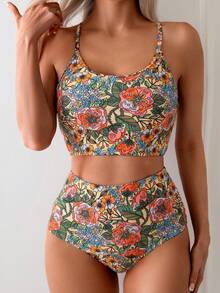 Swim Lushoire Bộ đồ bơi Tankini in họa tiết ngẫu nhiên cho kỳ nghỉ hè trên bãi biển Bộ đồ bơi hai mảnh cạp cao - Nhiều màu - Xem 3