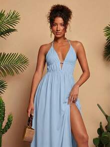 Travachic Solid Color V-Neck Sleeveless Dress For Women,Dresses For Women Summer - Baby Blue - View 3