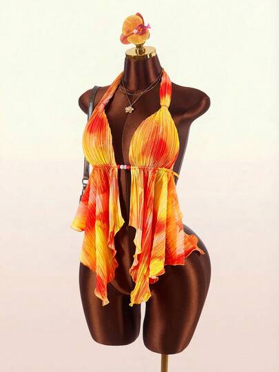 Amplova Women's Tie-Dye Halter Neck Backless Casual Blouse, Suitable For Vacation