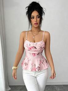 SHEIN Elenzya Mejor vendido Parte superior de camisola con estampado de rosas, tirantes finos, cintura fruncida y bajo acampanado, ideal para vacaciones de verano - Rosa - Ver 8