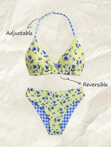 SHEIN Bộ bikini dệt kim họa tiết hoa nhí nhiều màu vàng dễ thương dành cho bé gái tuổi teen, kiểu dáng cổ yếm và cổ chữ V sâu, gồm áo và quần tam giác, thời trang, thanh lịch, nữ tính, thích hợp cho bơi lội, kỳ nghỉ hè, bãi biển, hồ bơi, tiệc tùng. - Nhiều màu - Xem 4