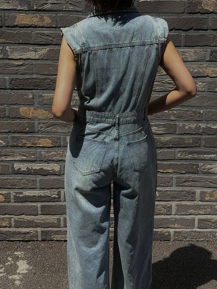 Women's Casual Denim Jumpsuit With Pockets And Button Closure Summer