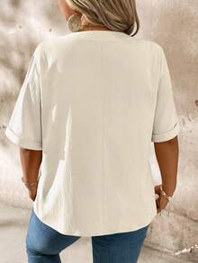 EMERY ROSE Plus Size Casual Notched Collar Wood Button Decor Short Sleeve Shirt - Apricot - View 2
