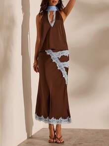 Opulessa Bộ đồ 2 món gồm áo hai dây và chân váy ngắn bằng vải chiffon phối ren tương phản dành cho nữ, thích hợp cho kỳ nghỉ xuân/hè. - màu nâu - Xem 6