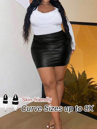 SHEIN CURVE+ Minifalda negra de cuero de cintura alta elástica talla grande, falda ajustada tipo ajustado para citas y fiestas, falda de cuero versátil para mujeres de talla grande