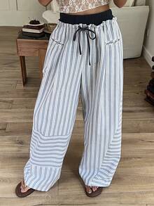 DAZY Contrast Striped Waistband 2 In 1 Drawstring Loose Wide Leg Pants, Casual Vacation Autumn Women Trousers Vacation Blue And White Striped - Blue - View 6