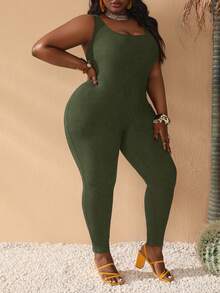 Slaydiva Slayr Basic Casual Elastic Knit Plus Size Jumpsuit - Army Green - View 4