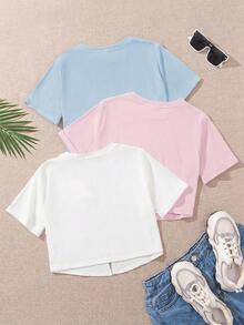 Emery Rose Kids Emery Rose Kids 3件套 少女纯色圆领修身短款扭结针织休闲T恤 - 彩色 - 查看 2