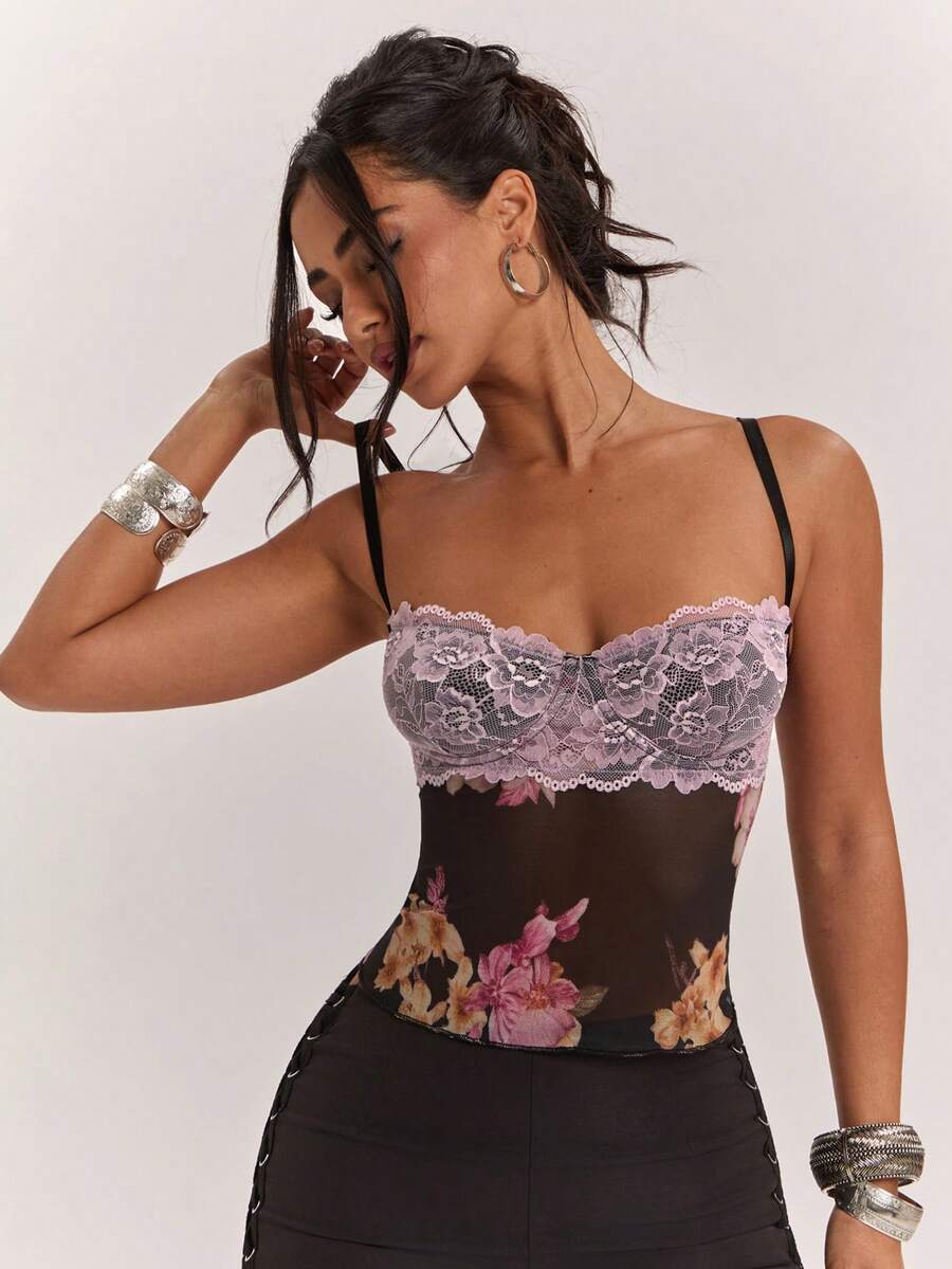 SHEIN BAE Elegantes Damen-Sommer-Camisole mit großem Blumenmuster, Tanktop, Party/Date Urlaub Strand Muster schwarze Blumen Vintage Y2K - Schwarz - Übersicht 1