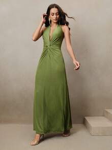 Anewsta Vestido midi elegante y sexy con nudo retorcido y espalda descubierta para mujeres, color verde - Verde - Ver 7