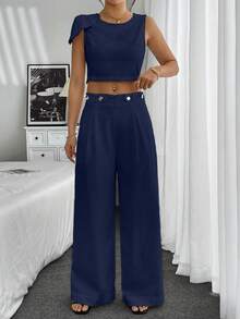 Chiquease 2 piezas Conjunto informal y holgado de mujer con top de cuello redondo de un solo color con lazo en el hombro y pantalones de pierna ancha - Azul Marino - Ver 1