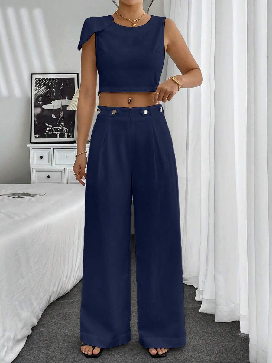 Chiquease 2 piezas Conjunto informal y holgado de mujer con top de cuello redondo de un solo color con lazo en el hombro y pantalones de pierna ancha - Azul Marino - Ver 1