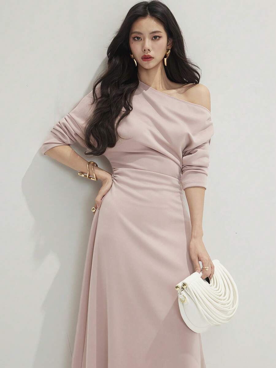 Heiryn Women's Dusty Pink Off-Shoulder Ruched Midi Dress - Autumn, Minimalist Elegant, Wedding Guest Party Night Dinner Mother Of The Bride Day Bar Date