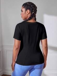 Easithlete Casual Versatile Black Plus Size Mesh Patchwork Short Sleeve Slim Fit Sports T-Shirt - Black - View 2
