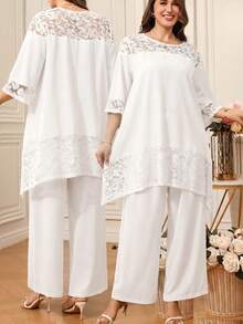 EMERY ROSE Plus Size Women Lace Patchwork Loose Suit. Elegant Casual, Commuting, Spring/Summer Party All White - White - View 1