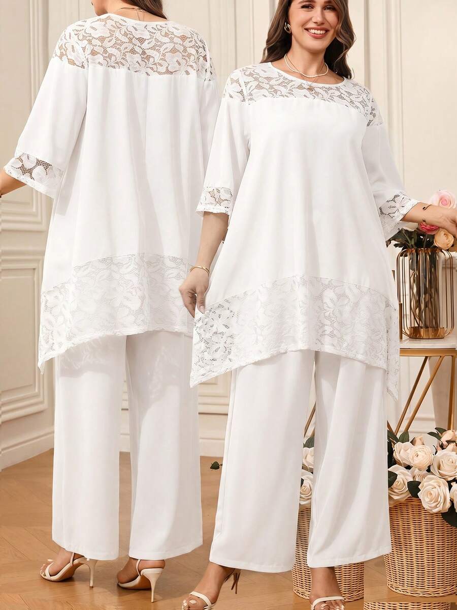 EMERY ROSE Plus Size Women Lace Patchwork Loose Suit. Elegant Casual, Commuting, Spring/Summer Party All White - White - View 1