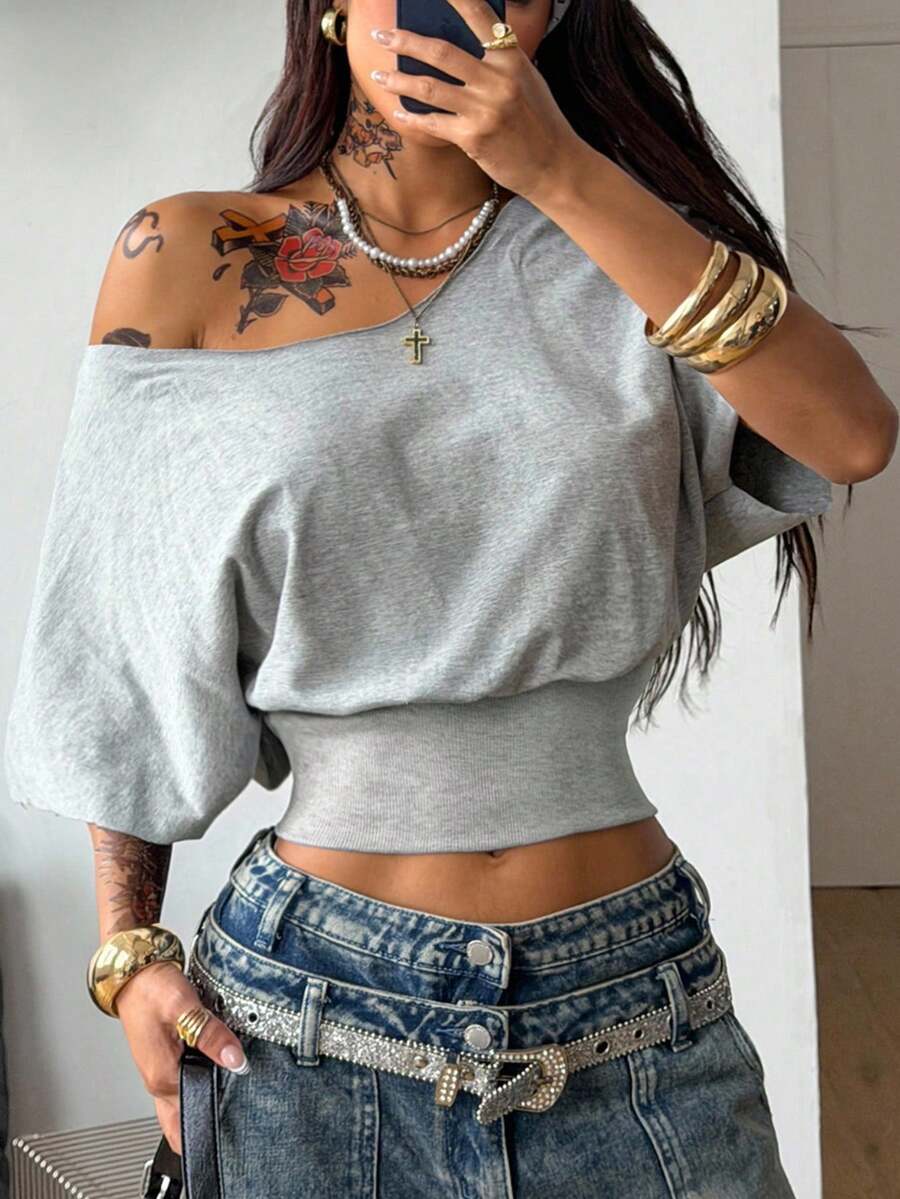 Coolane 女士加大码夏季外出街头风复古基础款收腰弹力舒适棉质露肩灰色T恤,加大码收腰上衣,修身显瘦。 - 淺灰色 - 查看 1