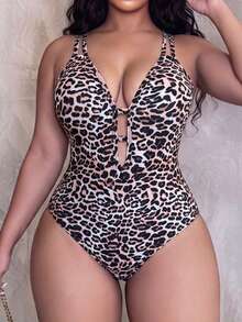 Slaydiva Plus Size Women One-Piece Swimsuit, Sexy Leopard Print Design For Summer Holiday - Brown - View 4