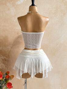 Conjunto de 2 piezas de top bandeau de unicolor con giro y falda con bajo asimétrico para vacaciones casuales de mujer - Albaricoque - Ver 3