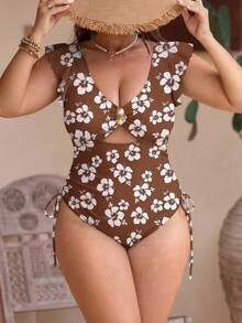 Swim Vcay 1pc Plus Size Women Brown And White One-Piece Swimsuit, Boho Monokini For Summer Holiday Beach Holiday - Coffee Brown - View 1