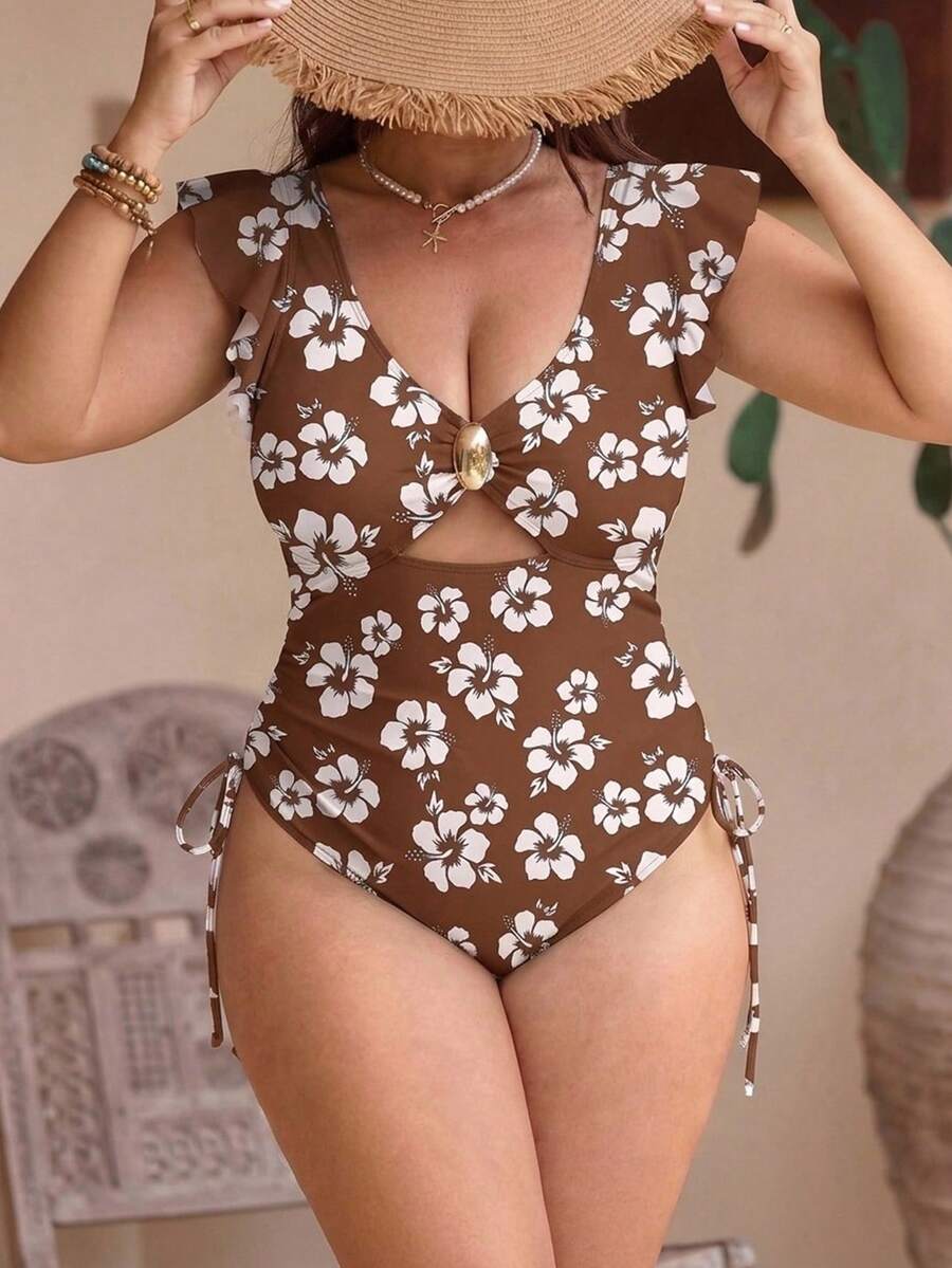 Swim Vcay 1pc Plus Size Women Brown And White One-Piece Swimsuit, Boho Monokini For Summer Holiday Beach Holiday - Coffee Brown - View 1