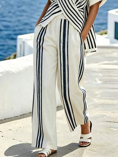 Louniche Women's Casual Vacation Light-Colored Striped High-Waisted Wide-Leg Pants With Pockets