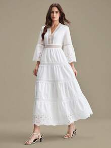 Ontre Đầm ren trắng nữ 2026SS, trang phục dự tiệc cưới hiện đại, thanh lịch, tối giản, lãng mạn, sang trọng kiểu Pháp, thời trang công sở thường ngày, trang phục công sở cao cấp cổ điển, thiết yếu cho đi làm, du lịch biển, Trung Đông, chất lượng cao, đa năng theo mùa, thích hợp cho đám cưới, kỷ niệm, Ngày của Mẹ, đi biển, lễ tốt nghiệp. - trắng - Xem 5