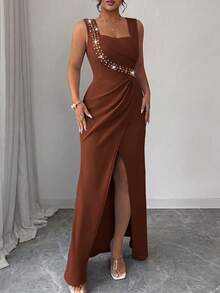 Elenzga Plus Size Sleeveless Square Neck Pearl Decor Waist Fitted Ruffle Slit Elegant Ladies Dress, Lightweight Cocktail Formal Party Mermaid Hem - Brown - View 4