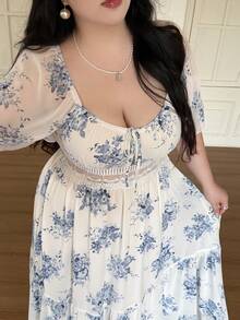 Vibekara Vestido largo de línea A con estampado floral azul y blanco, cuello de corazón, mangas con volantes, elegante y casual para vacaciones, estilo retro francés, tallas grandes para primavera, verano y otoño - Azul y blanco - Ver 4