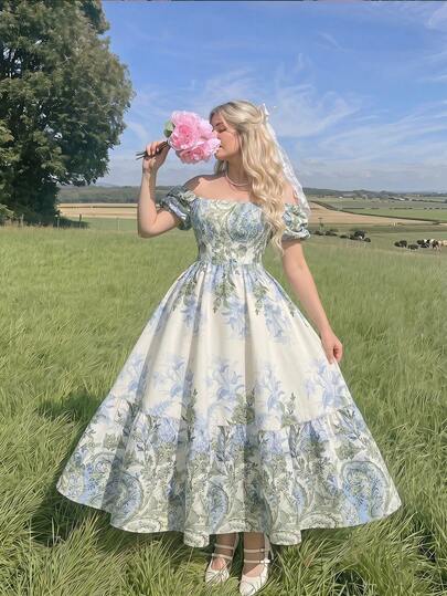 SHEIN MOD Plus Size Women's Elegant Off Shoulder Floral Print Midi Dress, Summer, Valentine's Day Dress, Women's Carnival Outfit, Beach Dress, Women's Elegant Party Dress, Women's Wedding Guest Dress, Festive Dress, Tea Party Dress, Women's Floral Dress, Floral Dress, Festive Dress, Birthday Dress, Romantic Dress, Vintage Dress