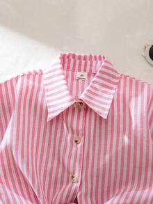SHEIN Áo sơ mi kẻ sọc dáng rộng, đa năng, thích hợp mặc hàng ngày cho bé gái. - Hồng - Xem 5