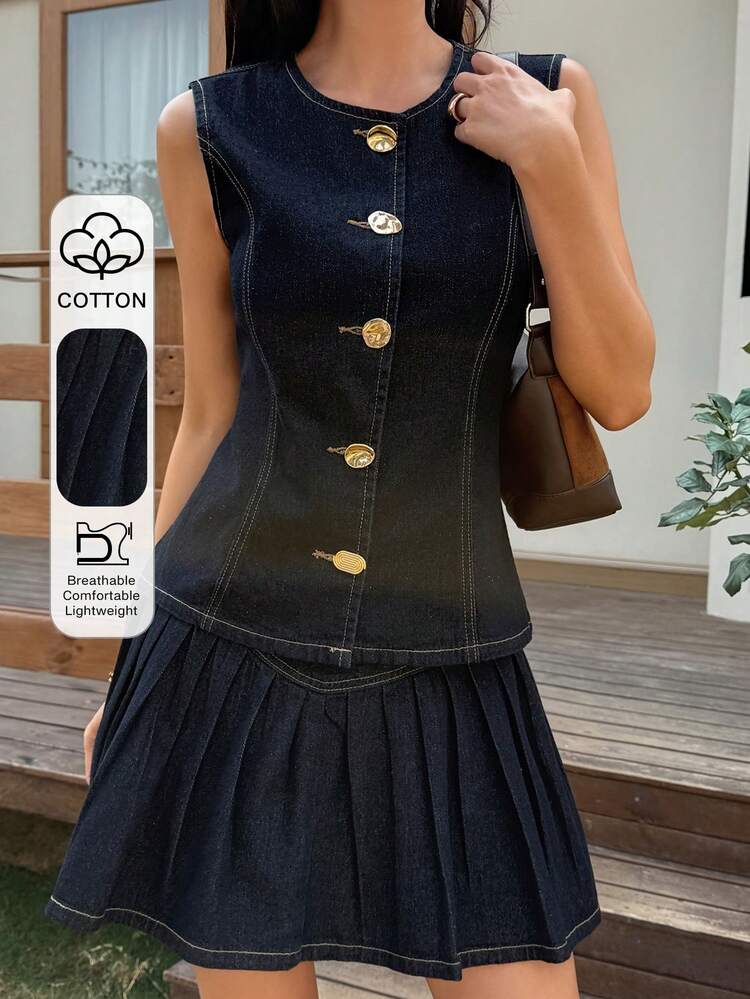 Blue Sleeveless Top And Casual Denim Skirt Set, Cotton Vacation Outfit For Women