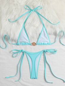 Swim Vcay Swim SXY 2-Piece Set, Sequin Textured Fabric Gold Snake Rhinestone Decor Halter Triangle Bra And Side Tie Bikini Swimwear For Women, Spring/Summer - Mint Blue - View 2