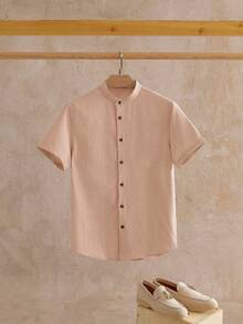 EASEVO Plus Size Men's Stand Collar Short Sleeve Button Front Casual Shirt, Summer - Apricot - View 1