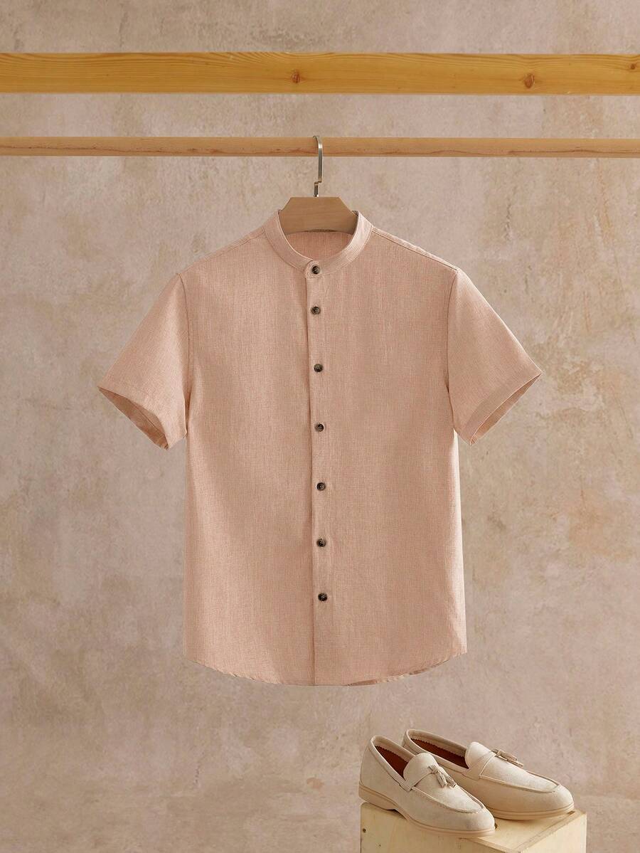 EASEVO Plus Size Men's Stand Collar Short Sleeve Button Front Casual Shirt, Summer - Apricot - View 1