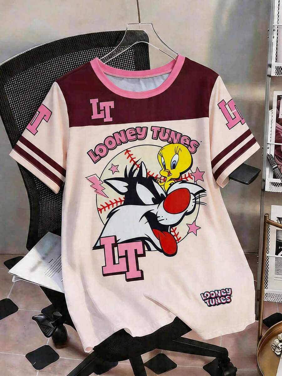 DrmWander LOONEY TUNES X SHEIN 大码女式夏季新款宽松卡通印花短袖T恤,通勤舒适 - 彩色 - 查看 1