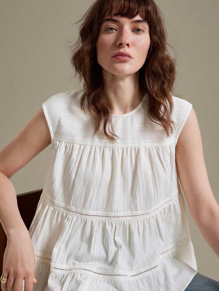 Off White Women's Linen Summer Top,Boho Crew Neck Sleeveless Solid Casual Vacation Outfits,Minimalist Elegant Office Business Modern Urban Fashion